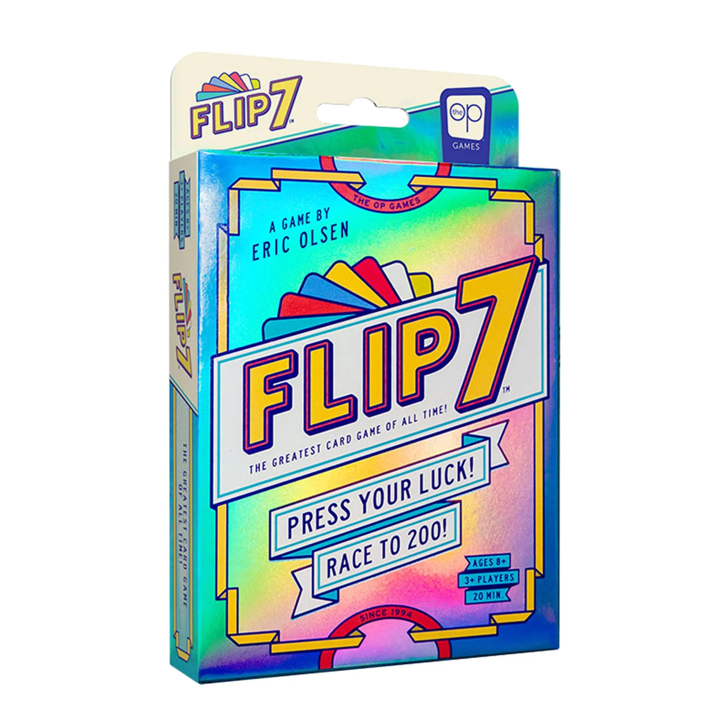 La boîte du jeu Flip 7, turquoise et jaune, avec son logo et ses cartes.